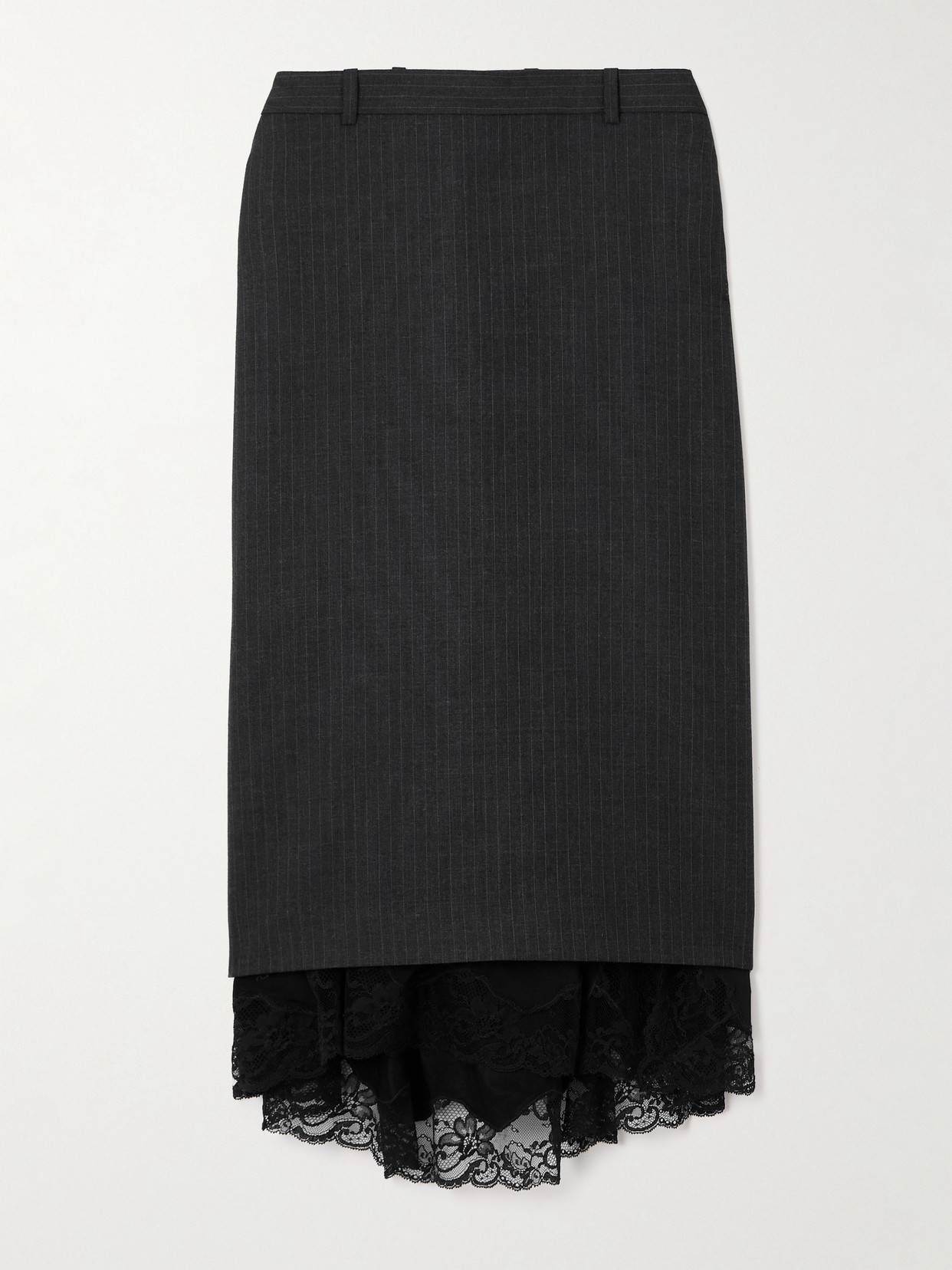 Balenciaga Lace-trimmed Pinstriped Wool Midi Skirt In Black