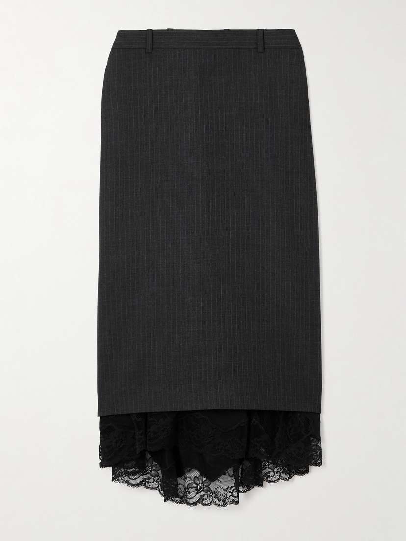 Balenciaga Lace-trimmed Pinstriped Wool Midi Skirt