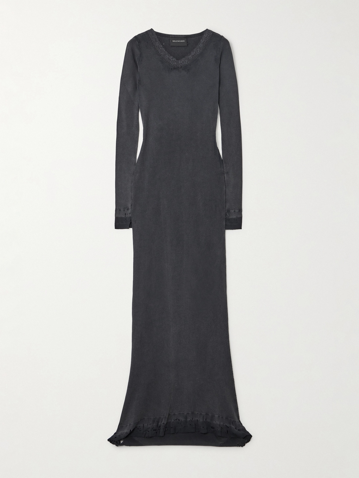 Balenciaga Distressed Lace-trimmed Ribbed Cotton-jersey Maxi Dress In Washed Black