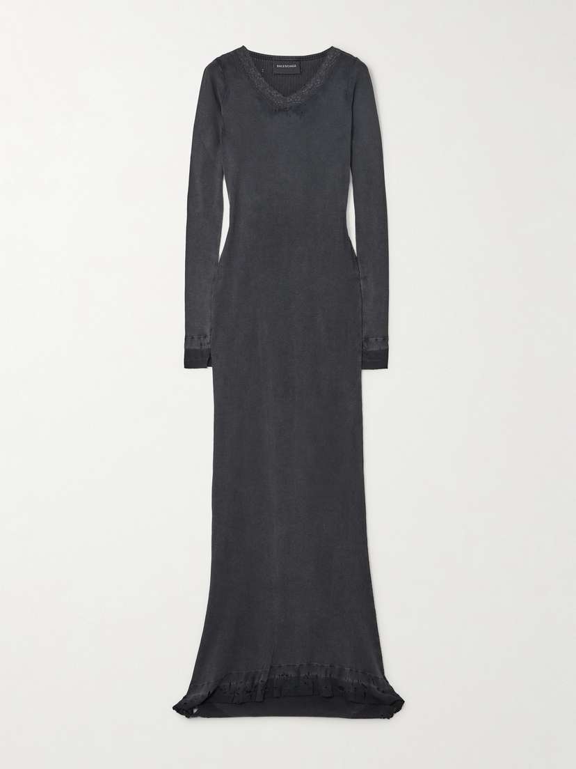 Balenciaga Distressed Lace-trimmed Ribbed Cotton-jersey Maxi Dress