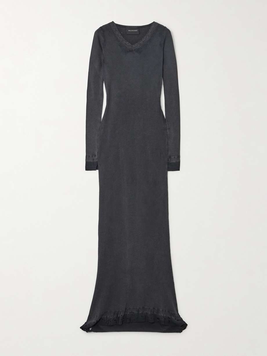 distressed lace-trimmed ribbed cotton-jersey maxi dress