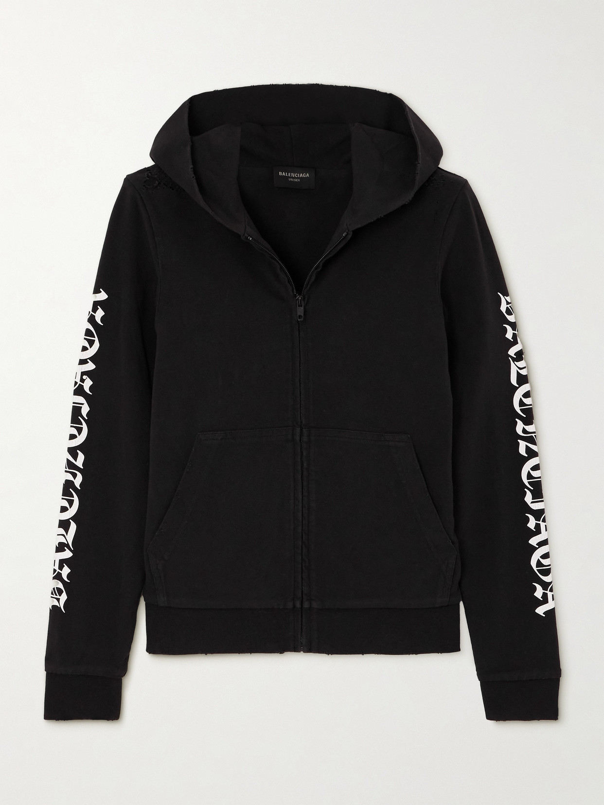 Balenciaga Distressed Printed Cotton-blend Jersey Hoodie In Black