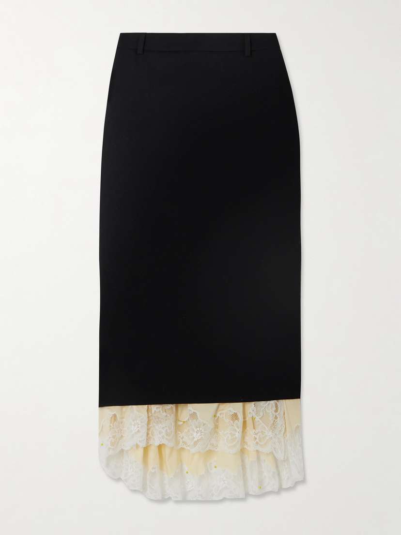 Balenciaga Stretch-jersey And Lace-trimmed Wool-gabardine Midi Skirt - FR 34