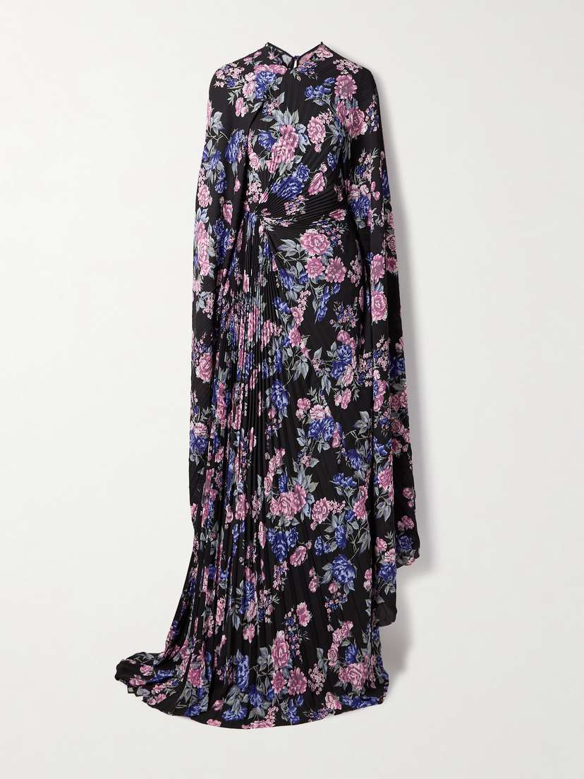 Balenciaga Cape-effect Floral-print Plissé-crepe Gown