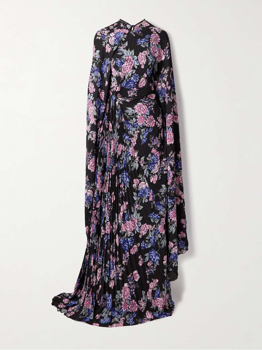 cape-effect floral-print plissé-crepe gown