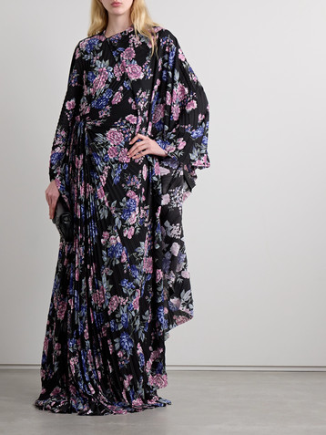 Balenciaga Cape-effect floral-print plissé-crepe gown