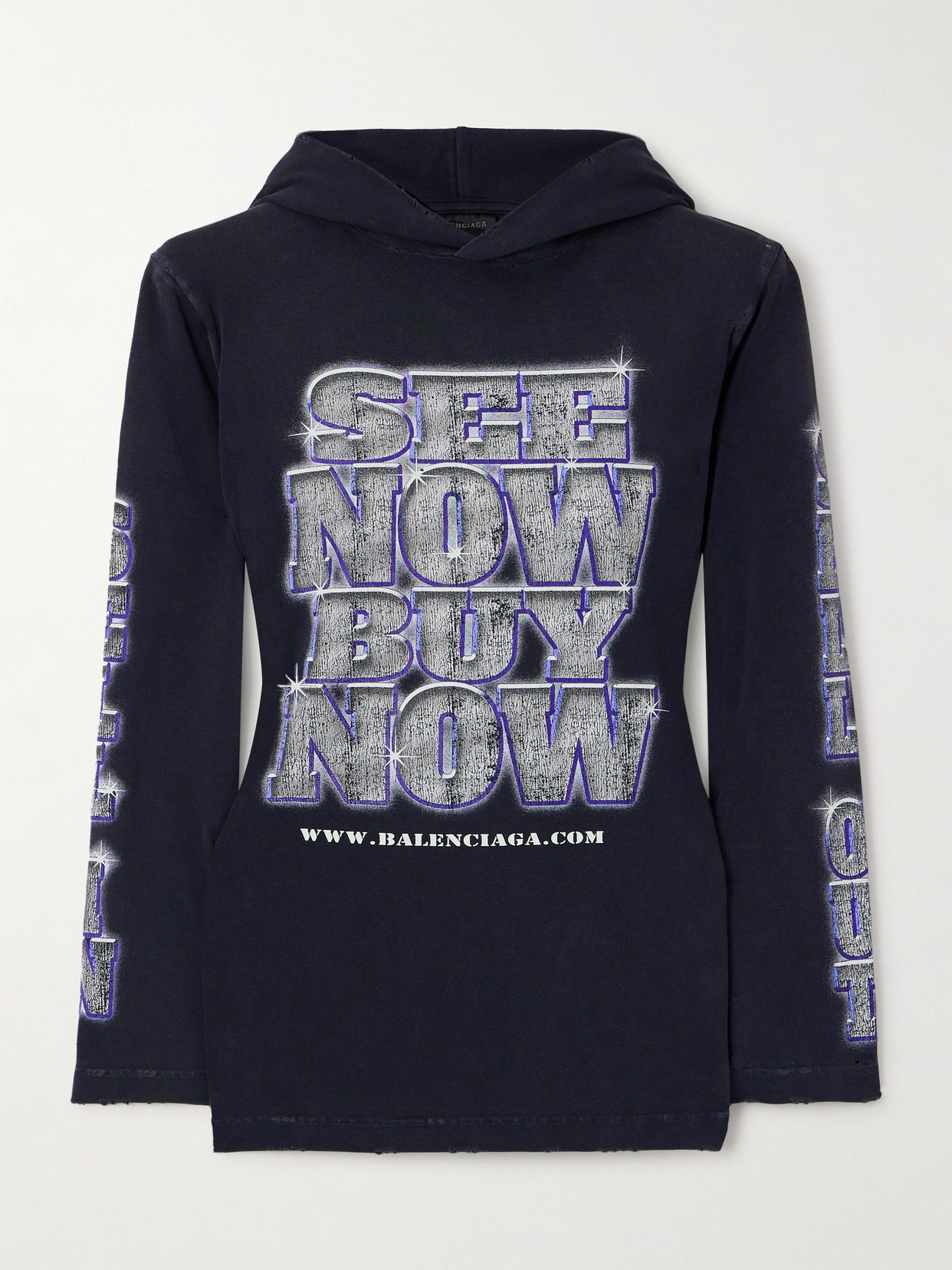 Balenciaga - Distressed Printed Stretch-cotton Jersey Hooded T-shirt - Black