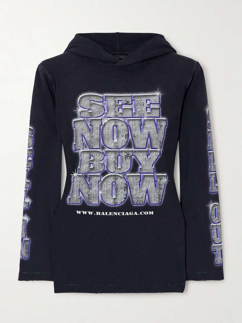 Balenciaga Distressed Printed Stretch-cotton Jersey Hooded T-shirt