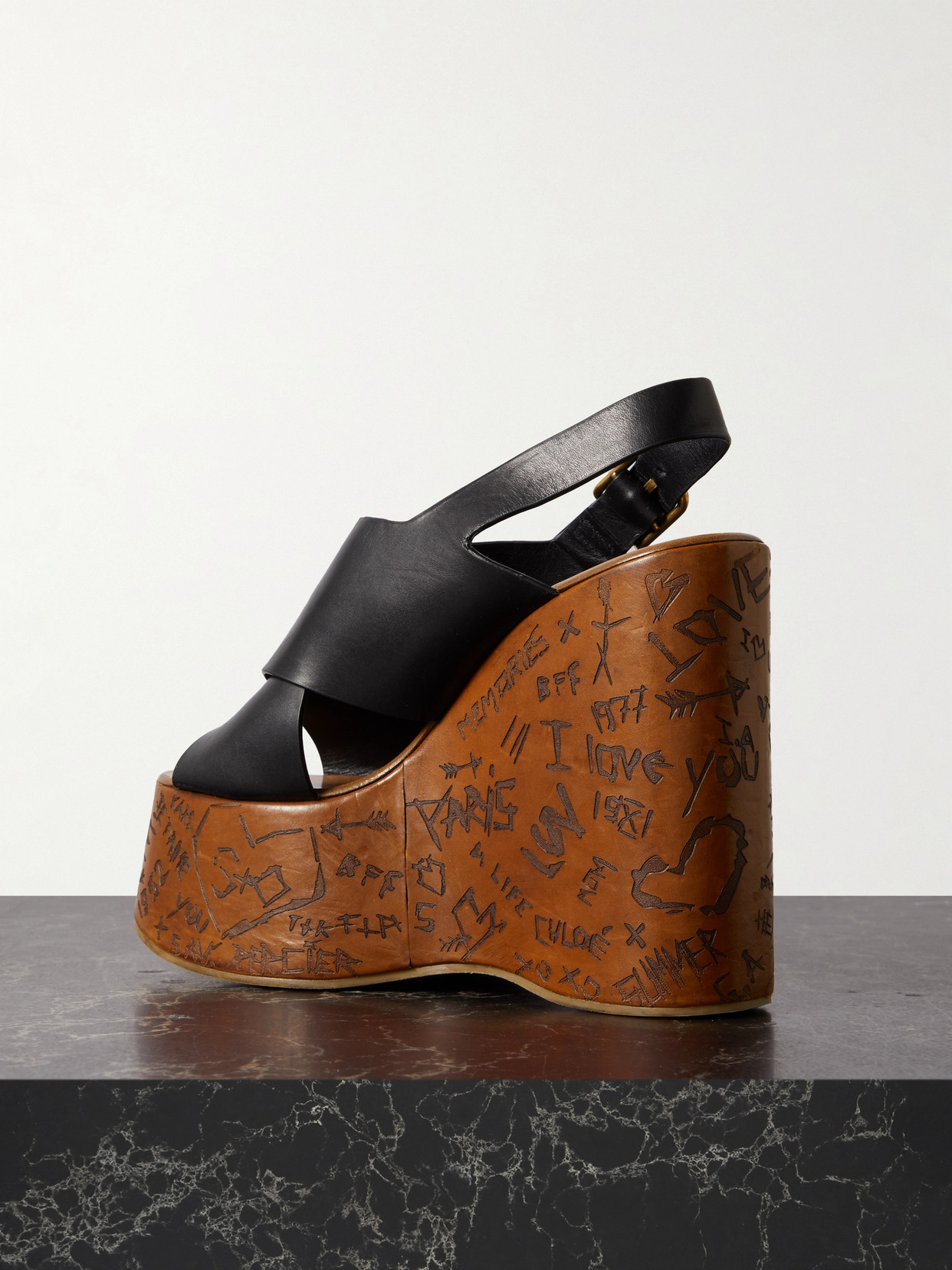Shop Chloé Maxime Leather Slingback Platform Wedge Sandals In Black