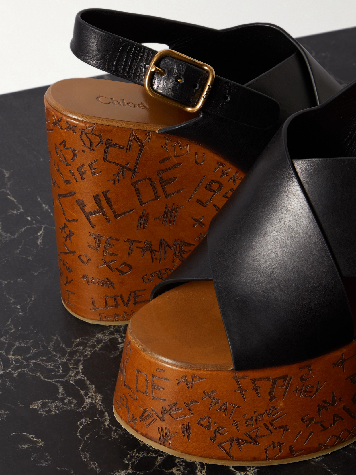 Shop Chloé Maxime Leather Slingback Platform Wedge Sandals In Black