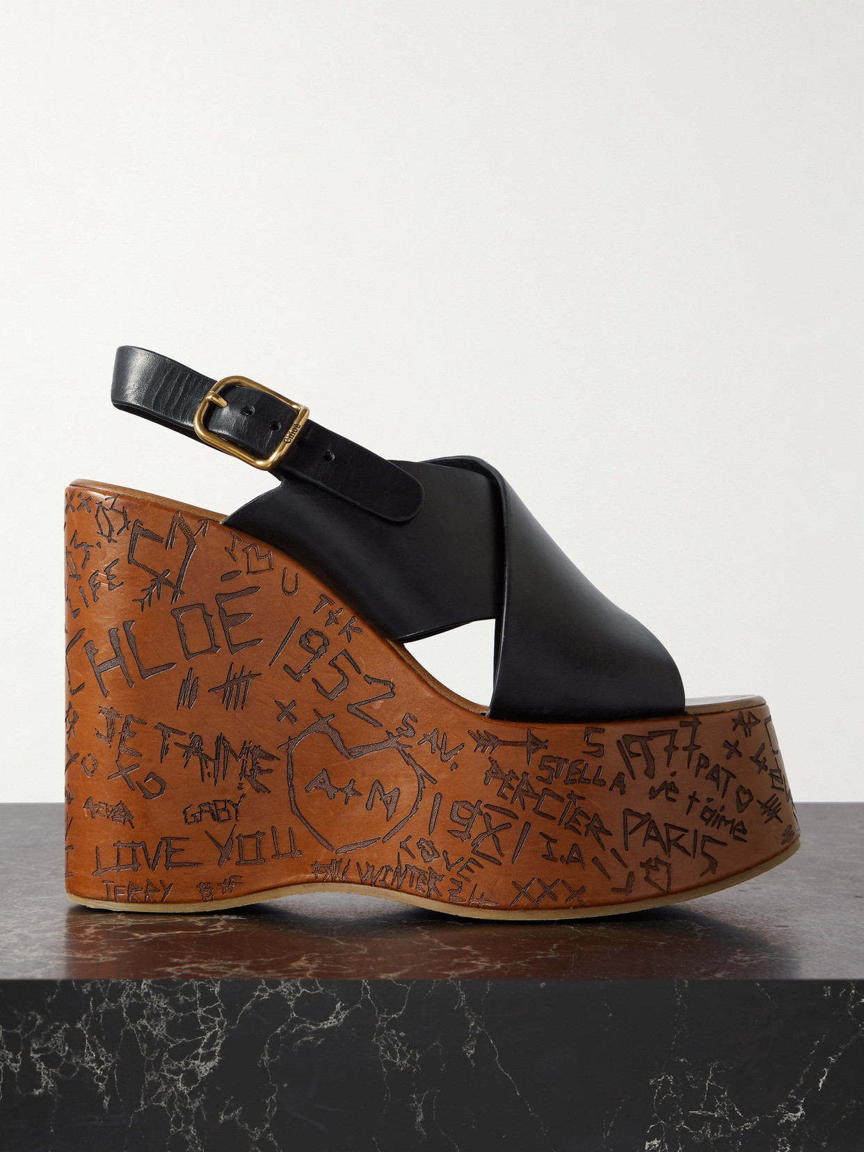 Shop Chloé Maxime Leather Slingback Platform Wedge Sandals In Black