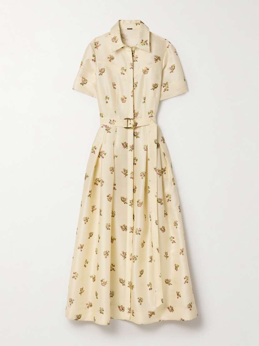Adam Lippes Belted Pleated Floral-print Wool And Silk-blend Midi Dress