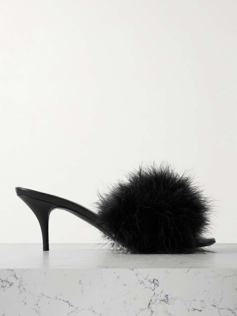 Balenciaga Boudoir Feather-trimmed Leather Mules