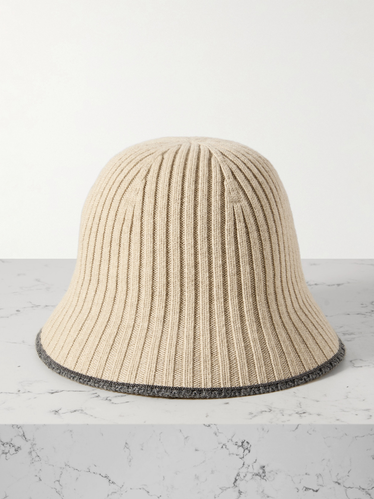 Brunello Cucinelli Embellished Ribbed-knit Bucket Hat In Neutrals