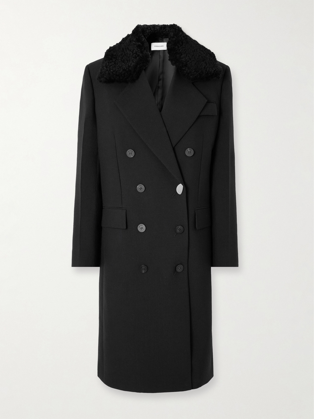 Ferragamo - Double-breasted Shearling-trimmed Wool Coat - Black