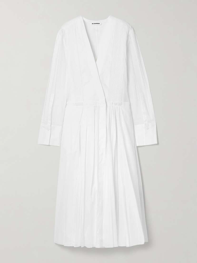 Jil Sander Wrap-effect Pintucked Plissé Cotton-organza Midi Dress