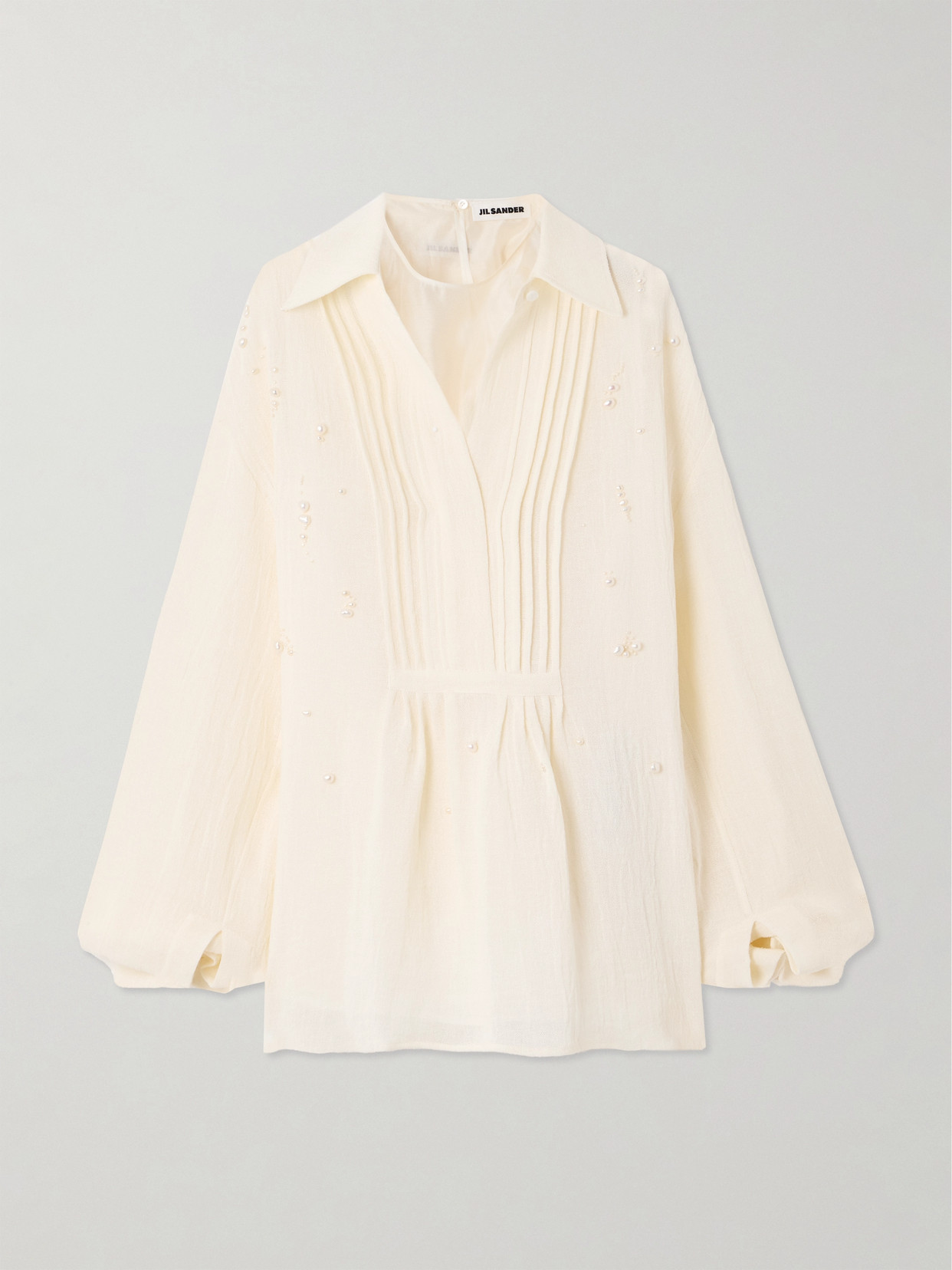 Jil Sander Pearl-embellished Pintucked Cotton-gauze Shirt In Neutrals