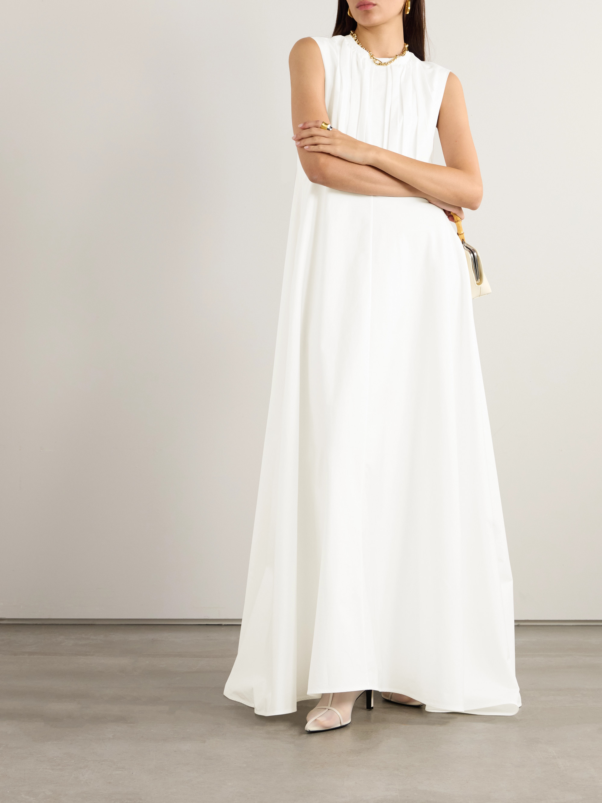 jil sander pleated dress Cape-effect pleated satin midi dress - cream