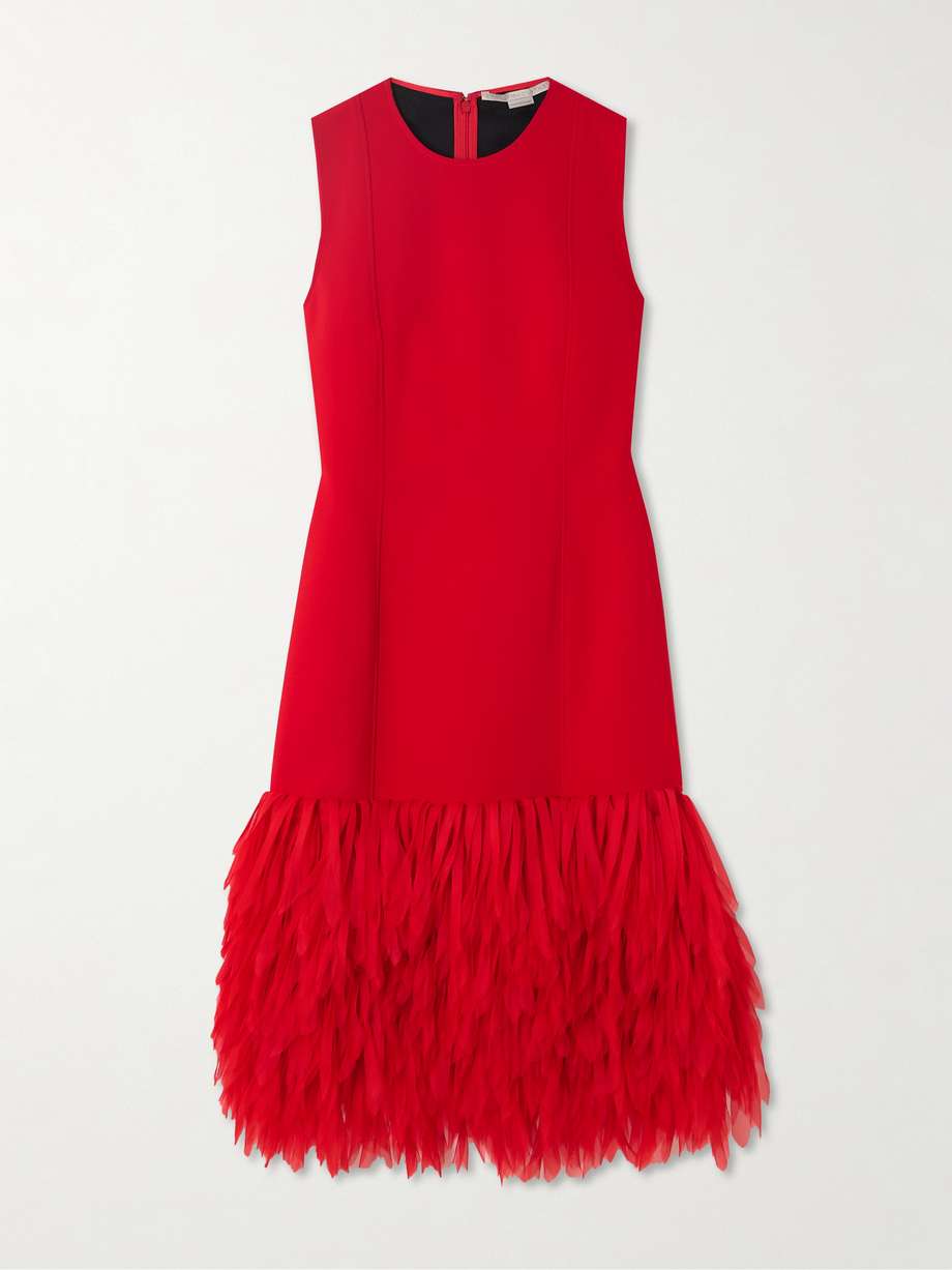 fringed organza-trimmed crepe midi dress