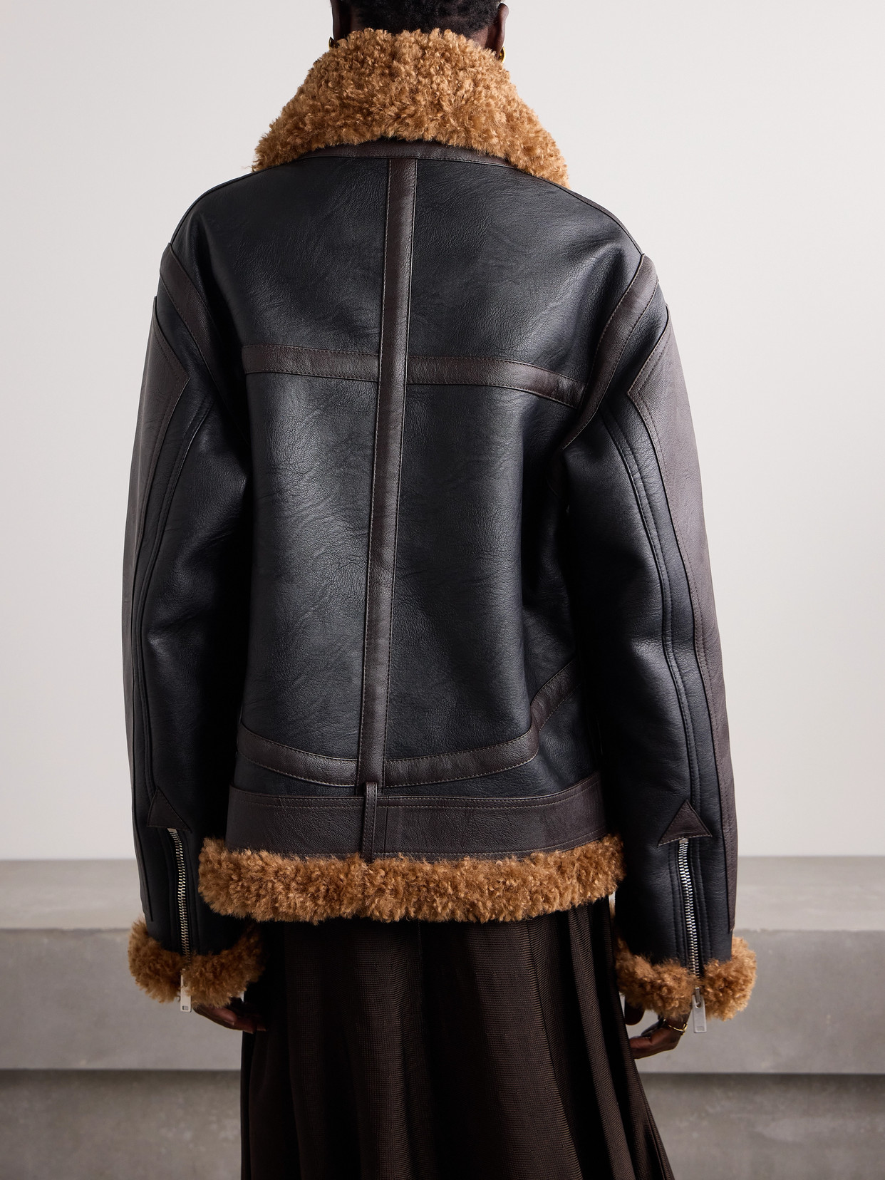 Oversized Plush-Trimmed Two-Tone Vegan Fabric Jacket