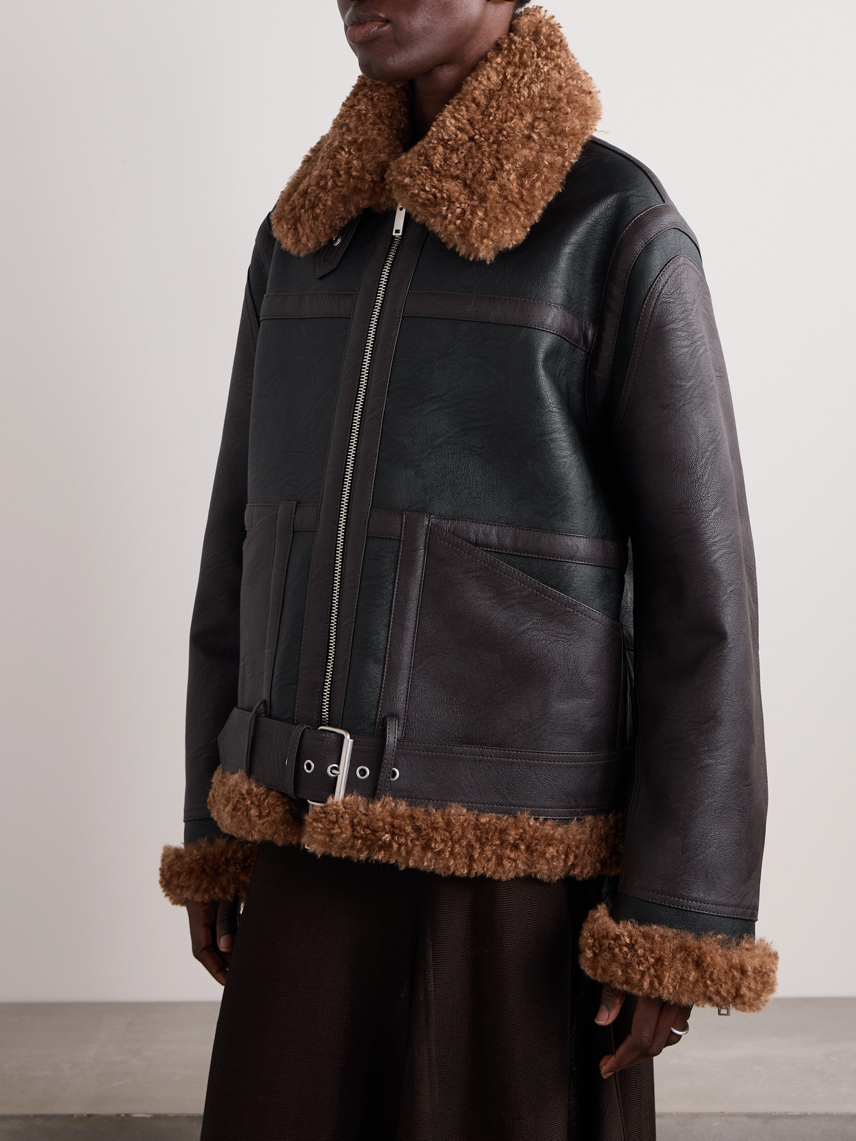 Oversized Plush-Trimmed Two-Tone Vegan Fabric Jacket