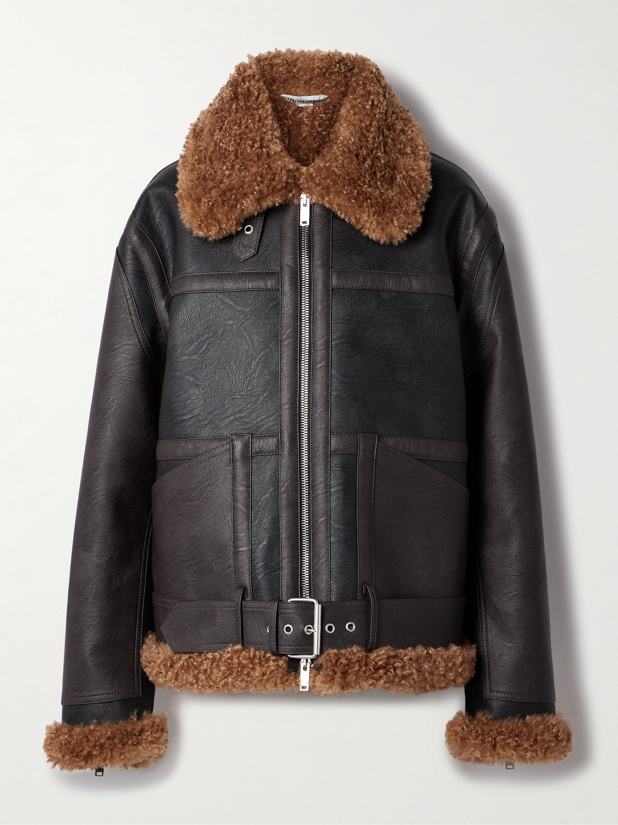 Stella Mccartney Oversized Faux Shearling-trimmed Two-tone Vegan Leather Jacket In Brown