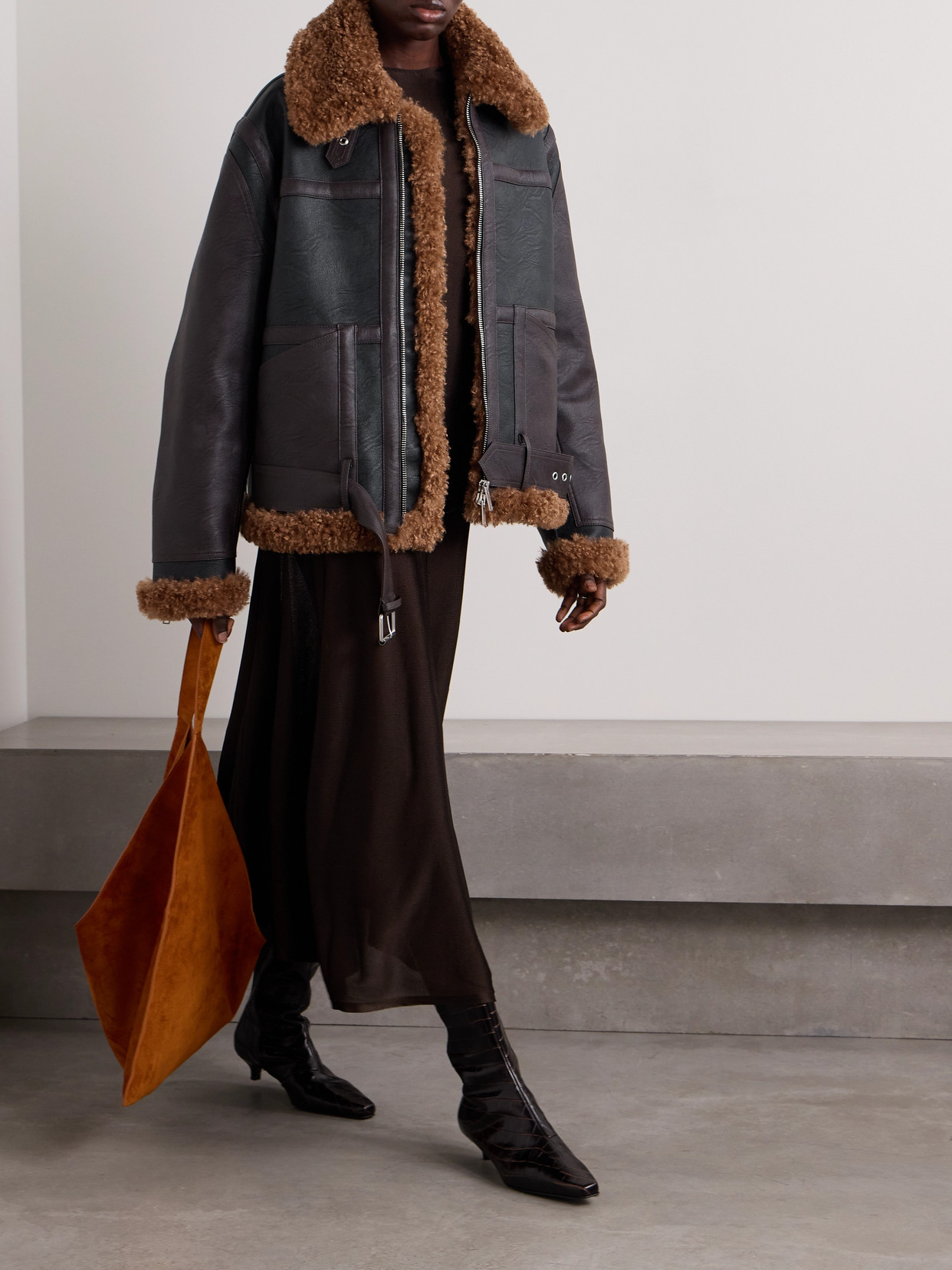 Oversized Plush-Trimmed Two-Tone Vegan Fabric Jacket