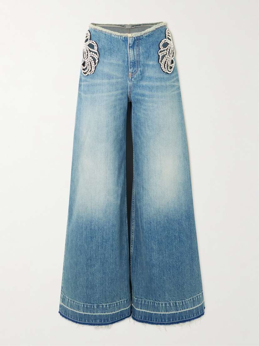 Stella McCartney Cutout Crystal-embellished Frayed Mid-rise Wide-leg Organic Jeans