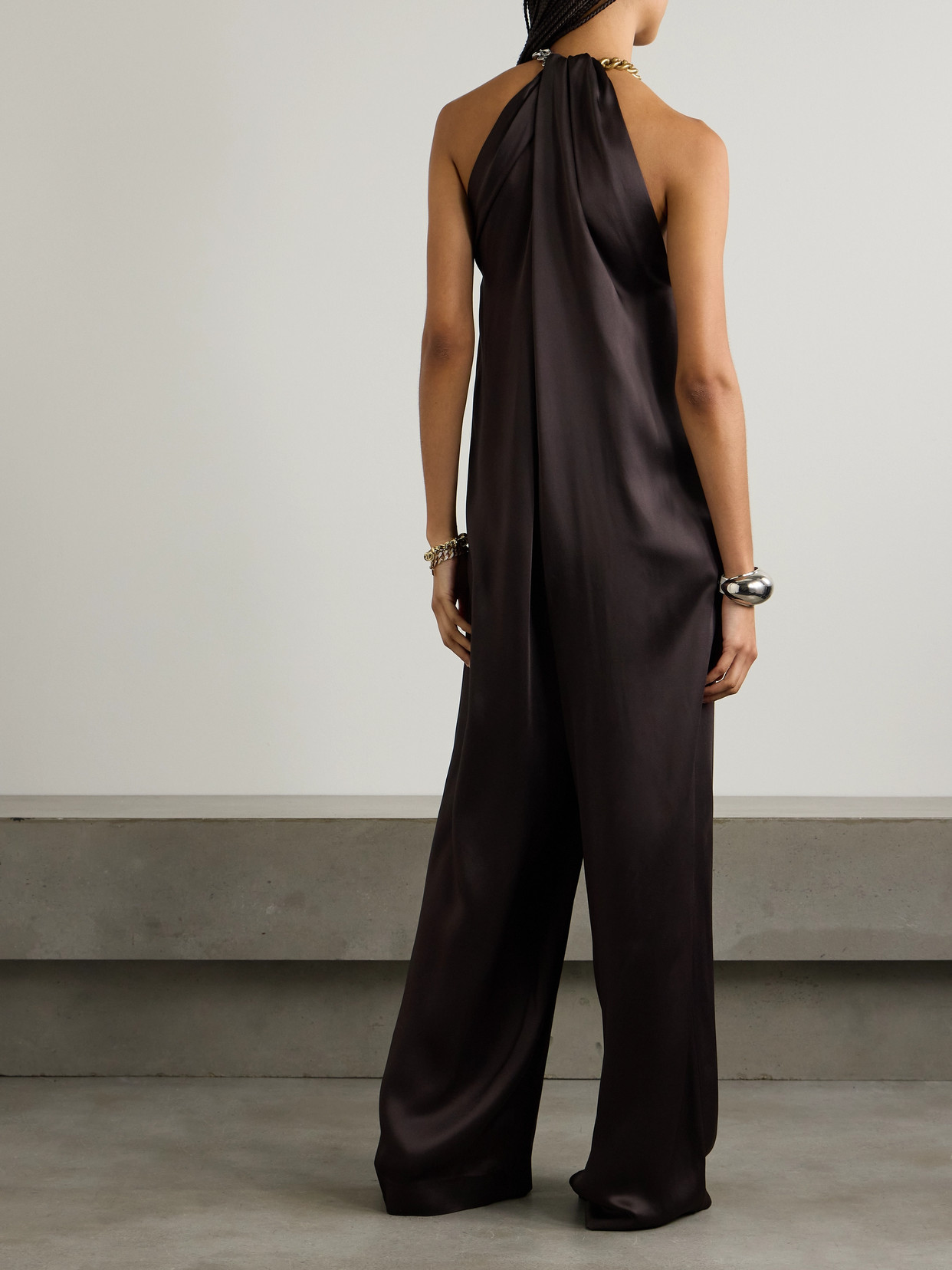 Stella Mccartney Chain-embellished Satin Jumpsuit In Brown