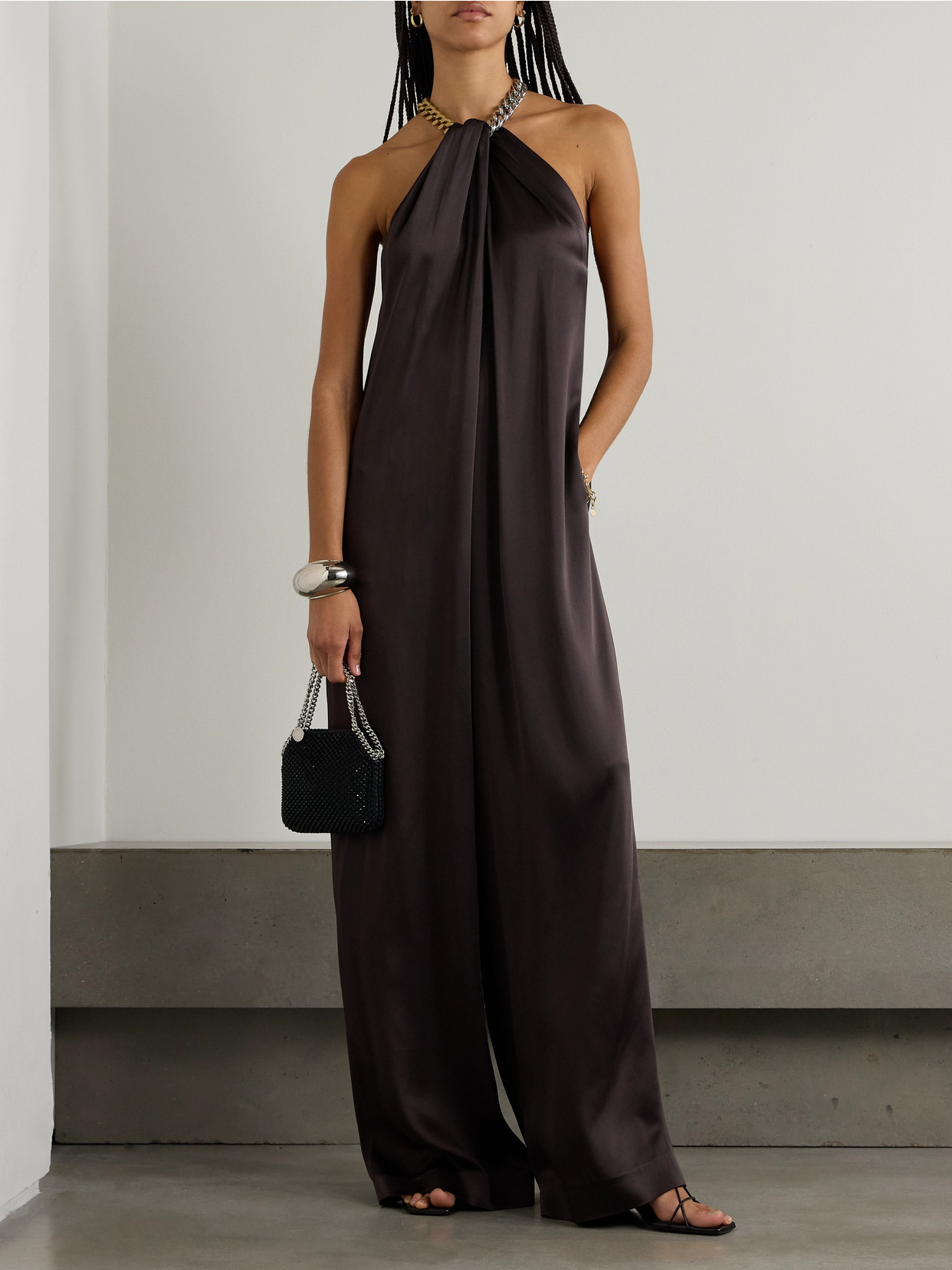 Stella Mccartney Chain-embellished Satin Jumpsuit In Brown