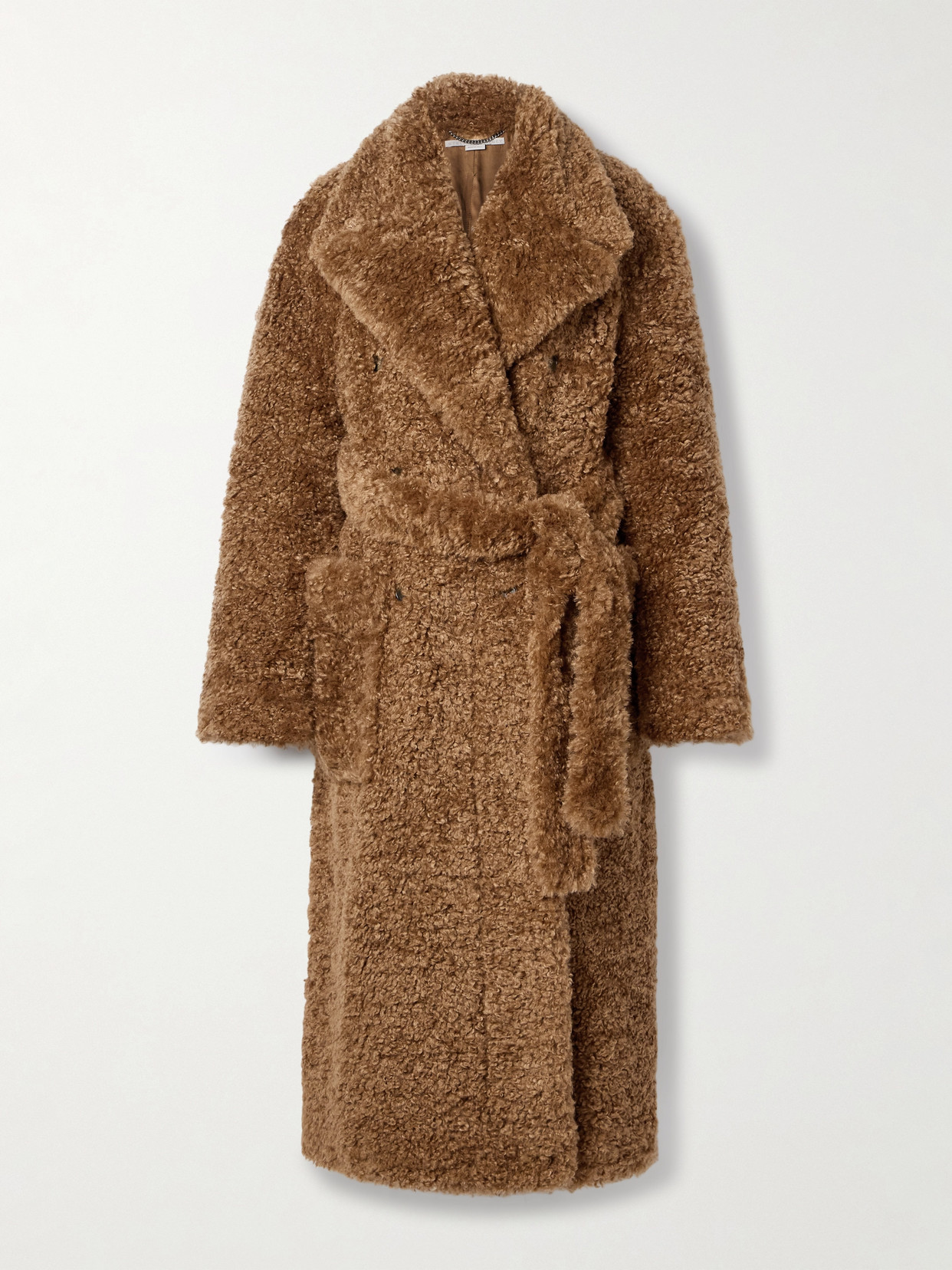 Stella Mccartney Teddy Belted Double-breasted Faux Shearling Coat In Brown