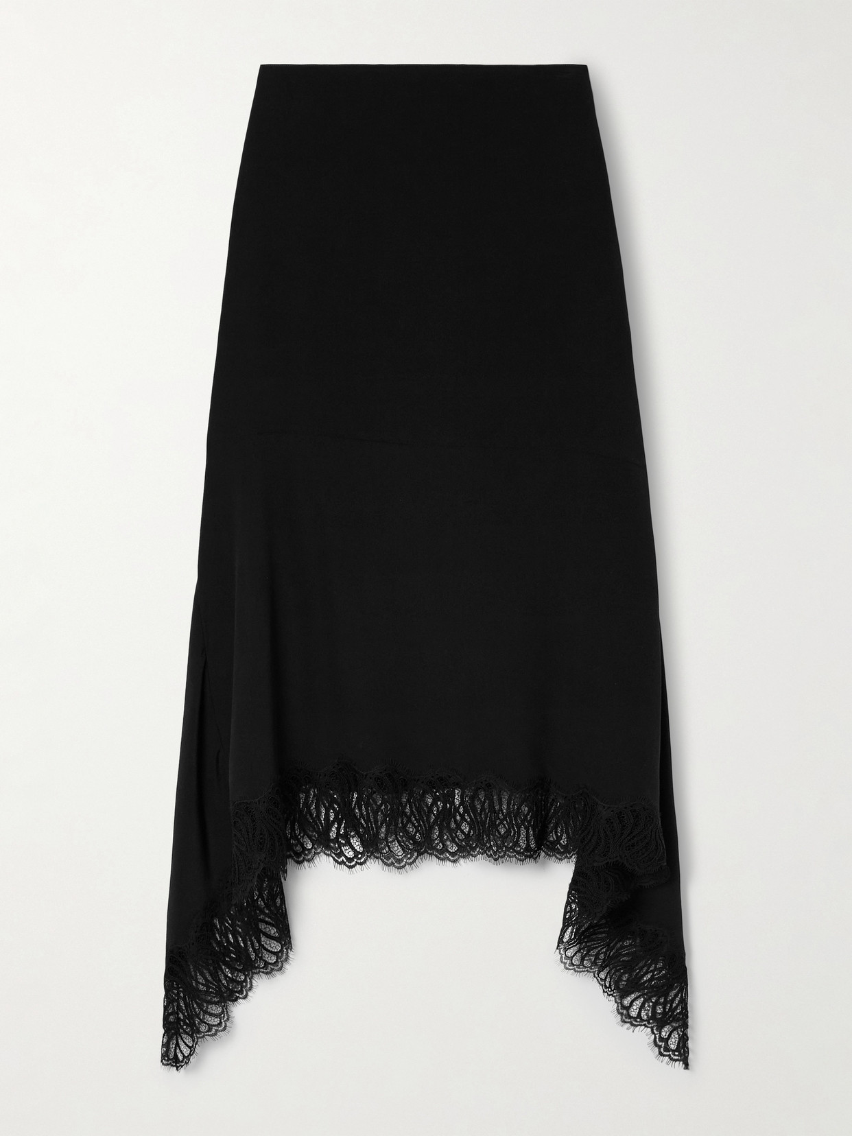 Stella Mccartney Asymmetric Lace-trimmed Silk-crepe Skirt In Black