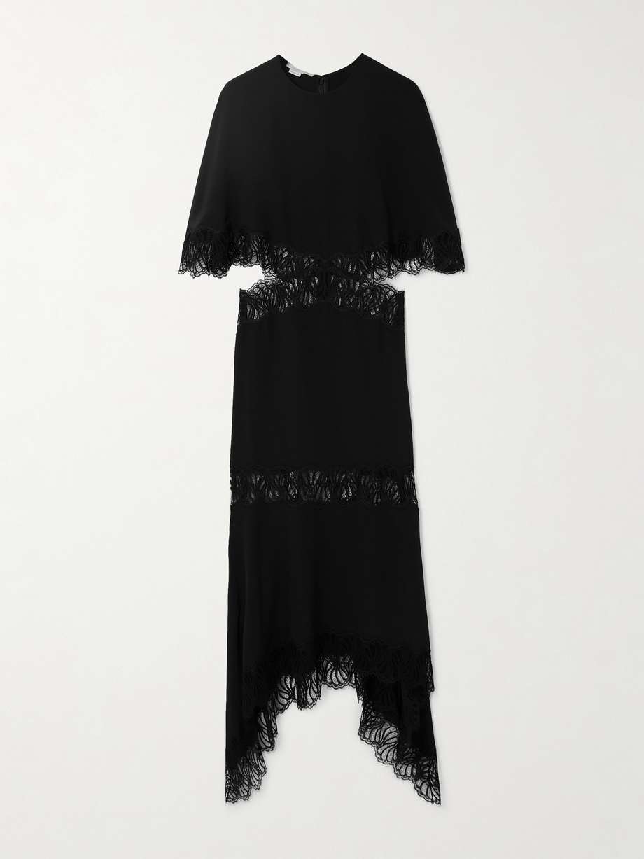 asymmetric cutout lace-trimmed silk-satin midi dress
