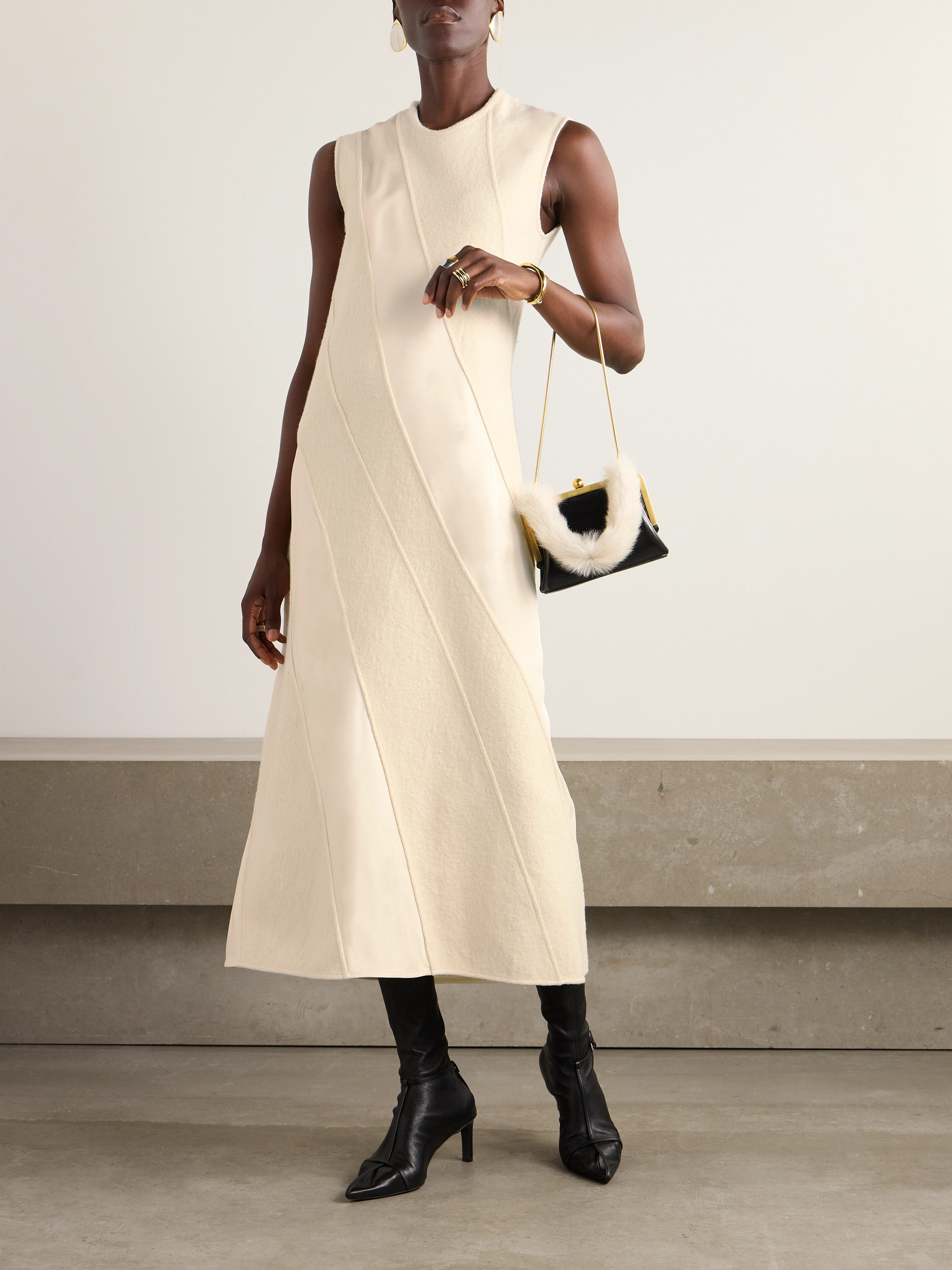 Jil Sander Paneled cotton and wool-blend and satin midi dress