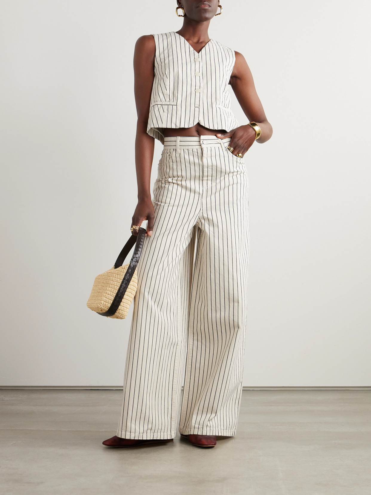 THE FRANKIE SHOP SASHA STRIPED HIGH-RISE WIDE-LEG JEANS