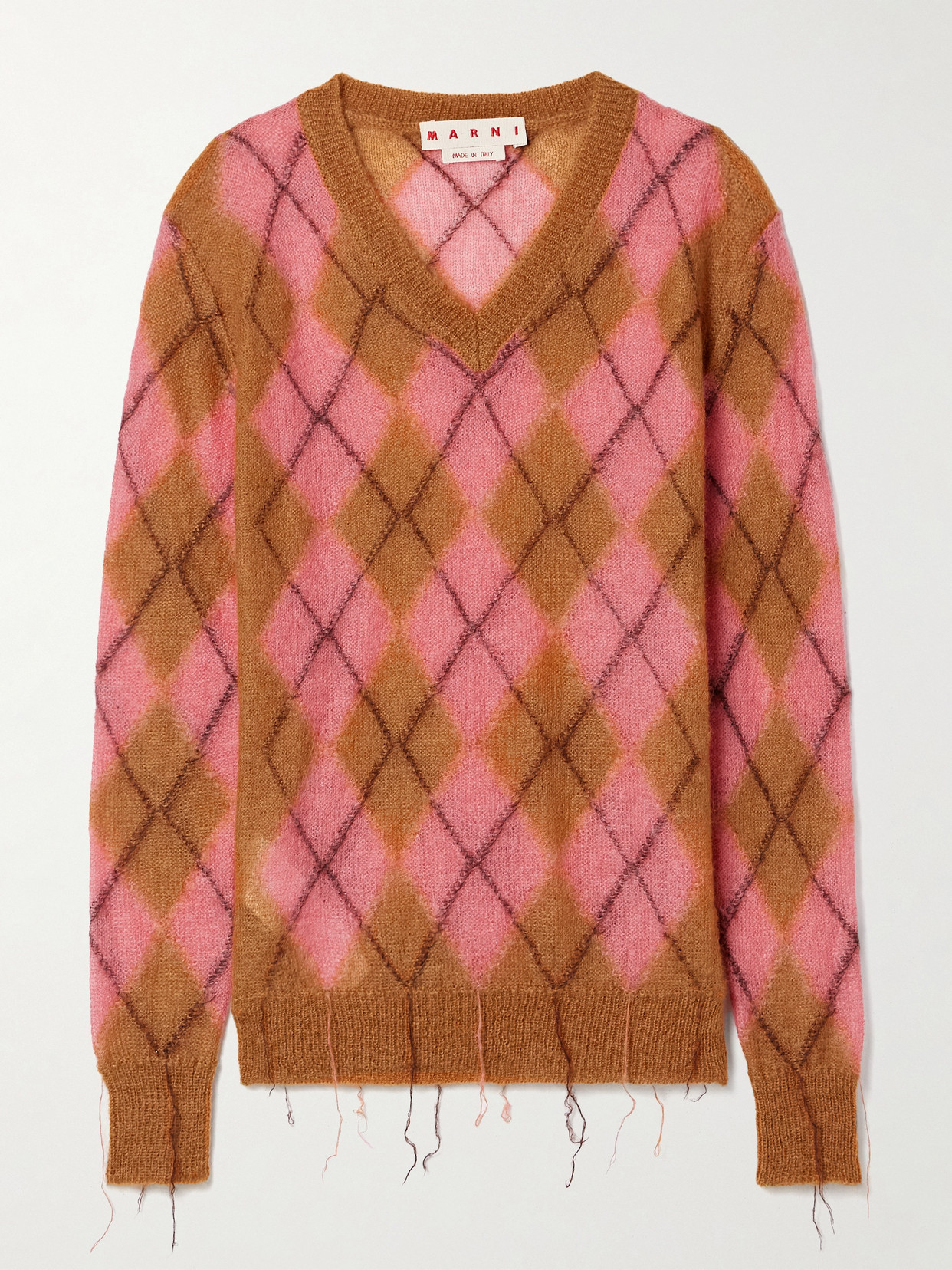 Marni Fringed Argyle Jacquard-knit Mohair-blend Sweater In Multi