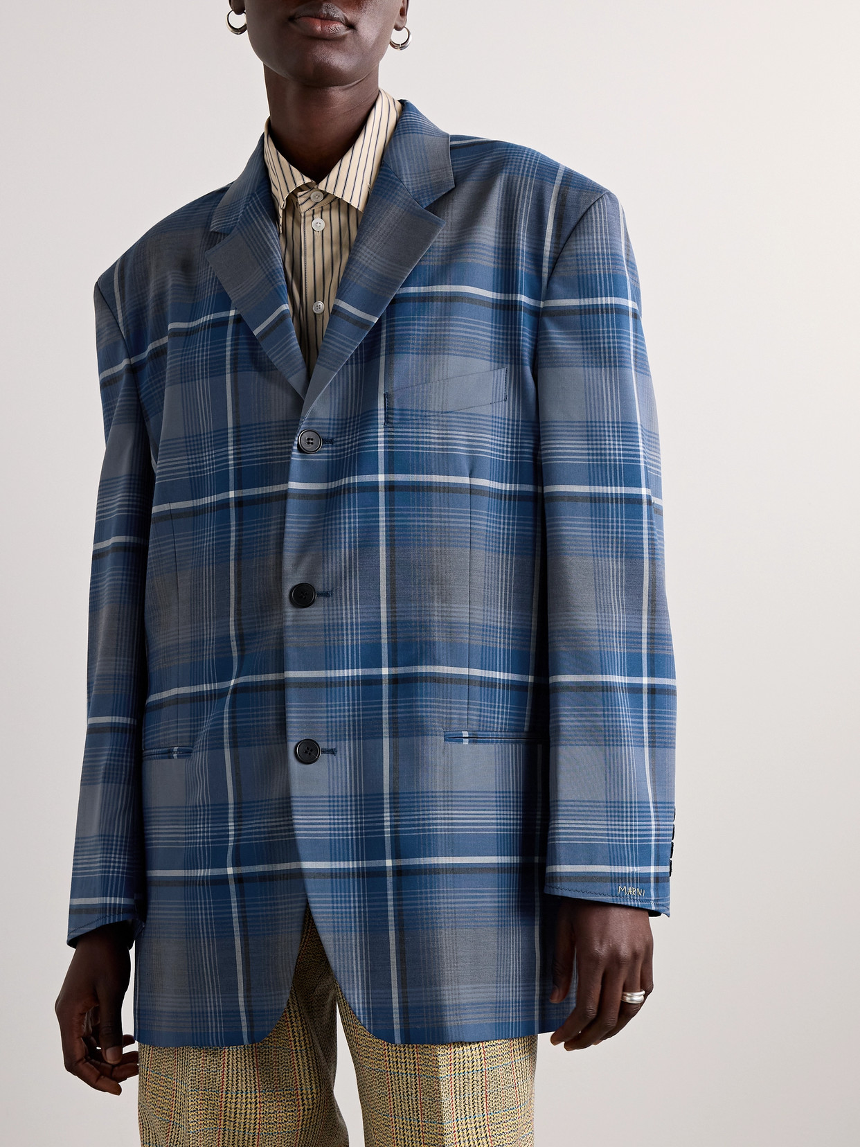 Marni Plaid Patterned Single Breasted Blazer In Blue