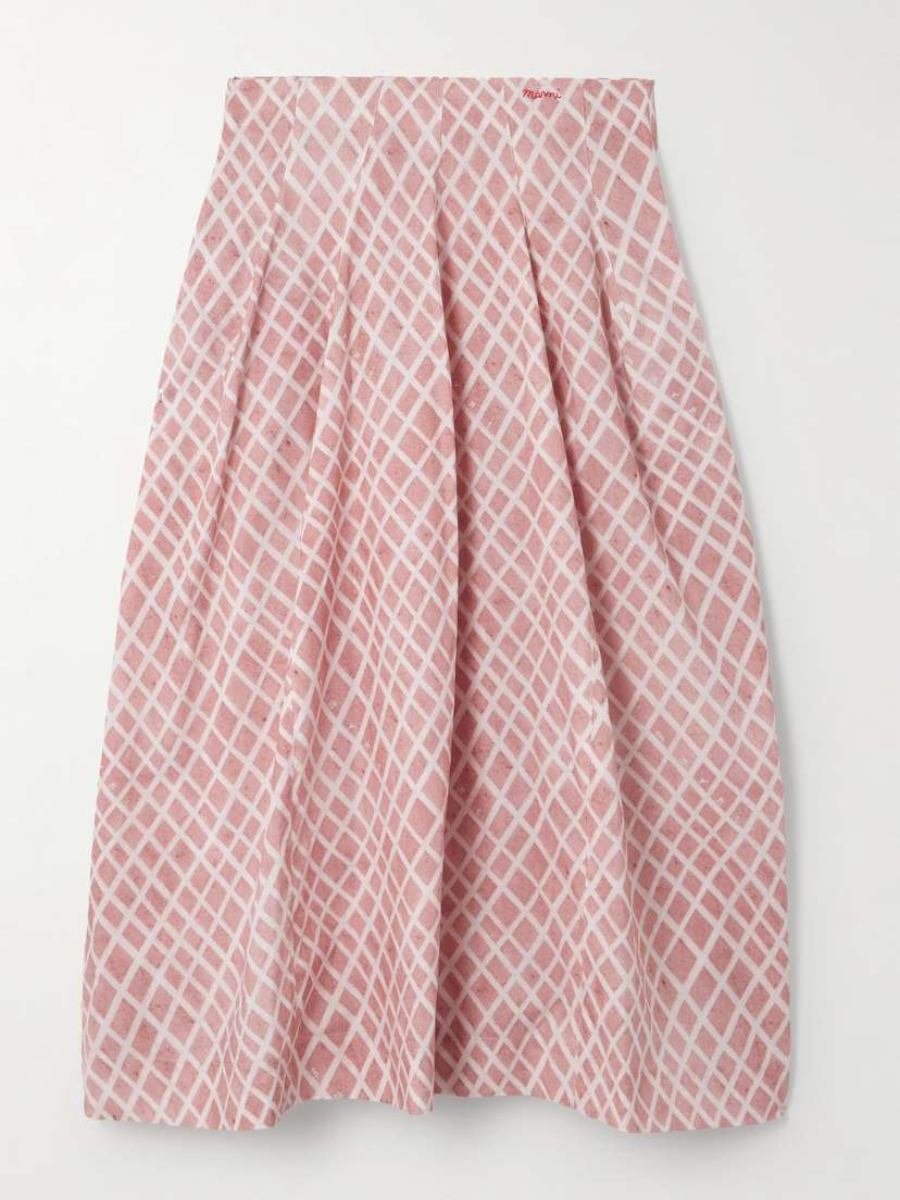 Marni Checked Pleated Cotton-poplin Midi Skirt