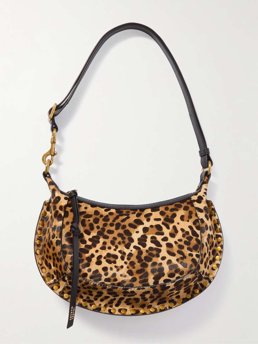 Isabel Marant Oskan Moon Leather-trimmed Studded Leopard-print Calf Hair Shoulder Bag