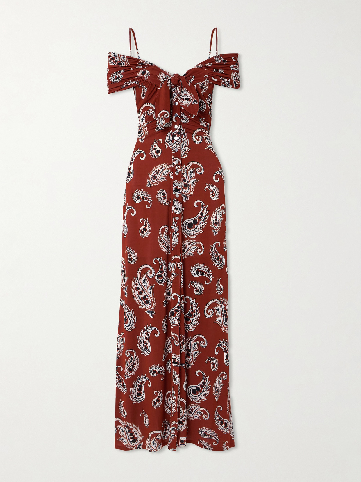 Rabanne - Cold-shoulder Knotted Ruched Paisley-print Stretch-jersey Maxi Dress - Red
