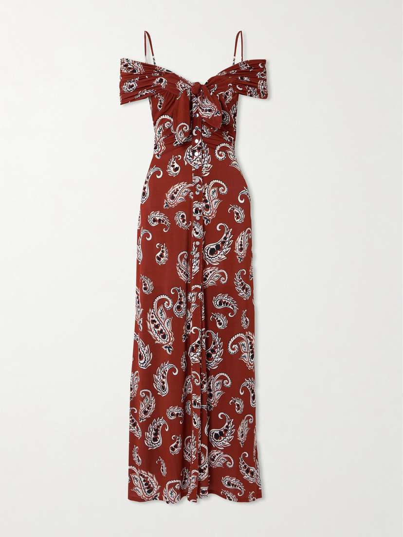 Rabanne Cold-shoulder Knotted Ruched Paisley-print Stretch-jersey Maxi Dress
