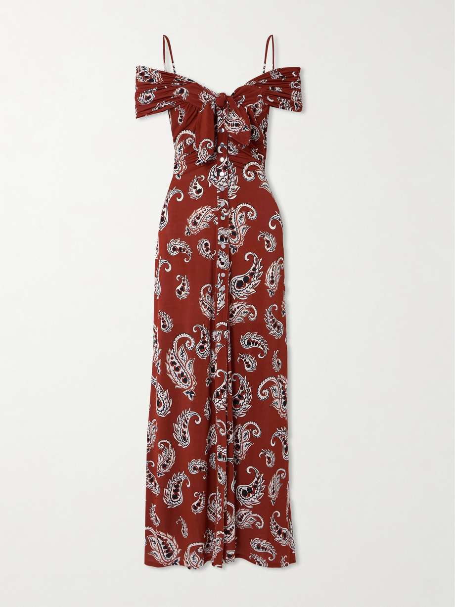 cold-shoulder knotted ruched paisley-print stretch-jersey maxi dress