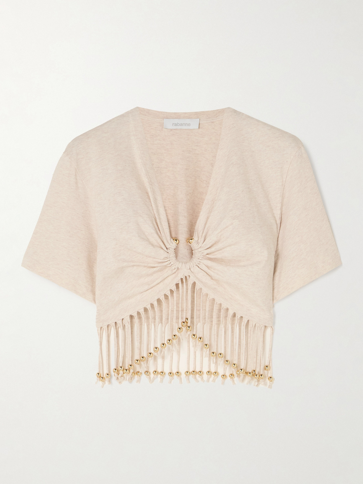 Rabanne Cropped Fringed Embellished Cotton-jersey T-shirt In Neutrals