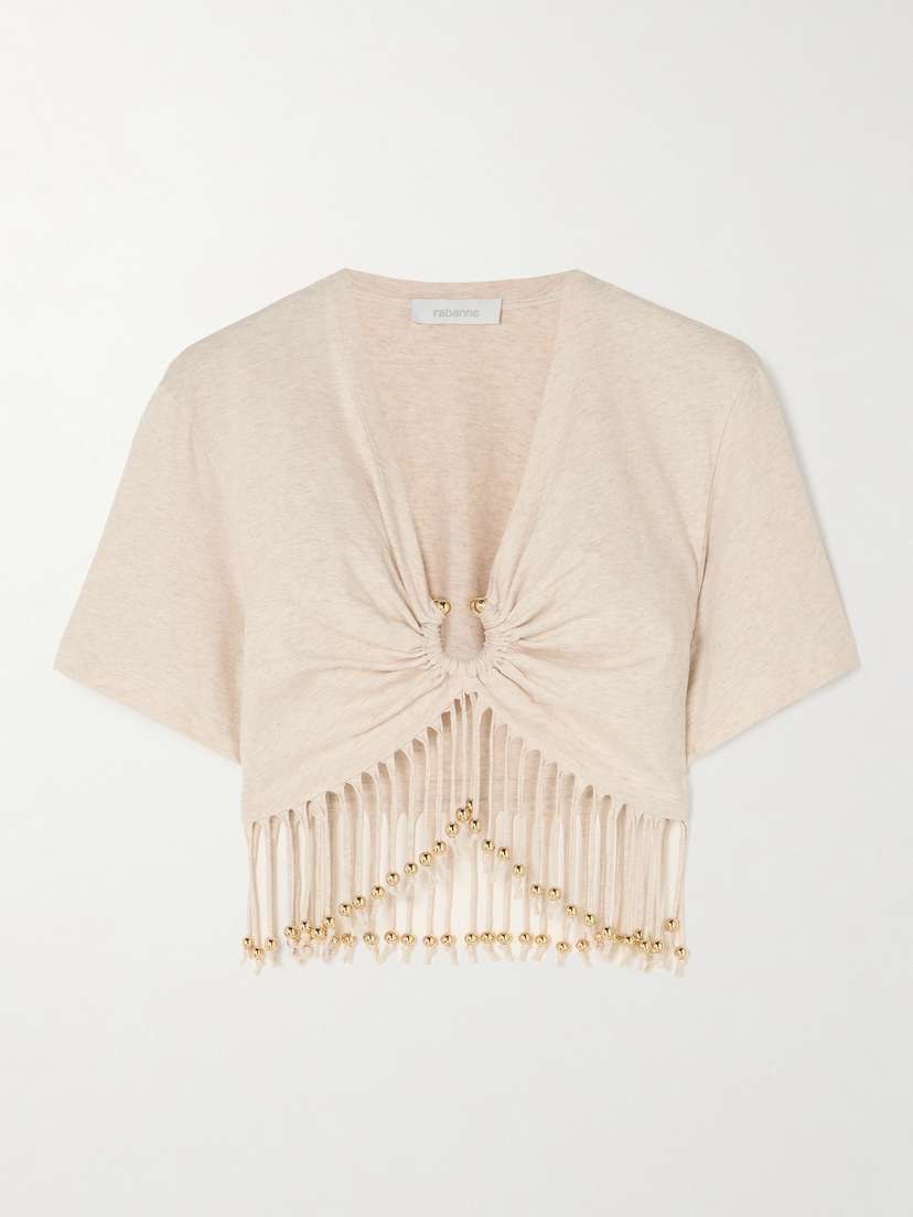 Rabanne Cropped Fringed Embellished Cotton-jersey T-shirt