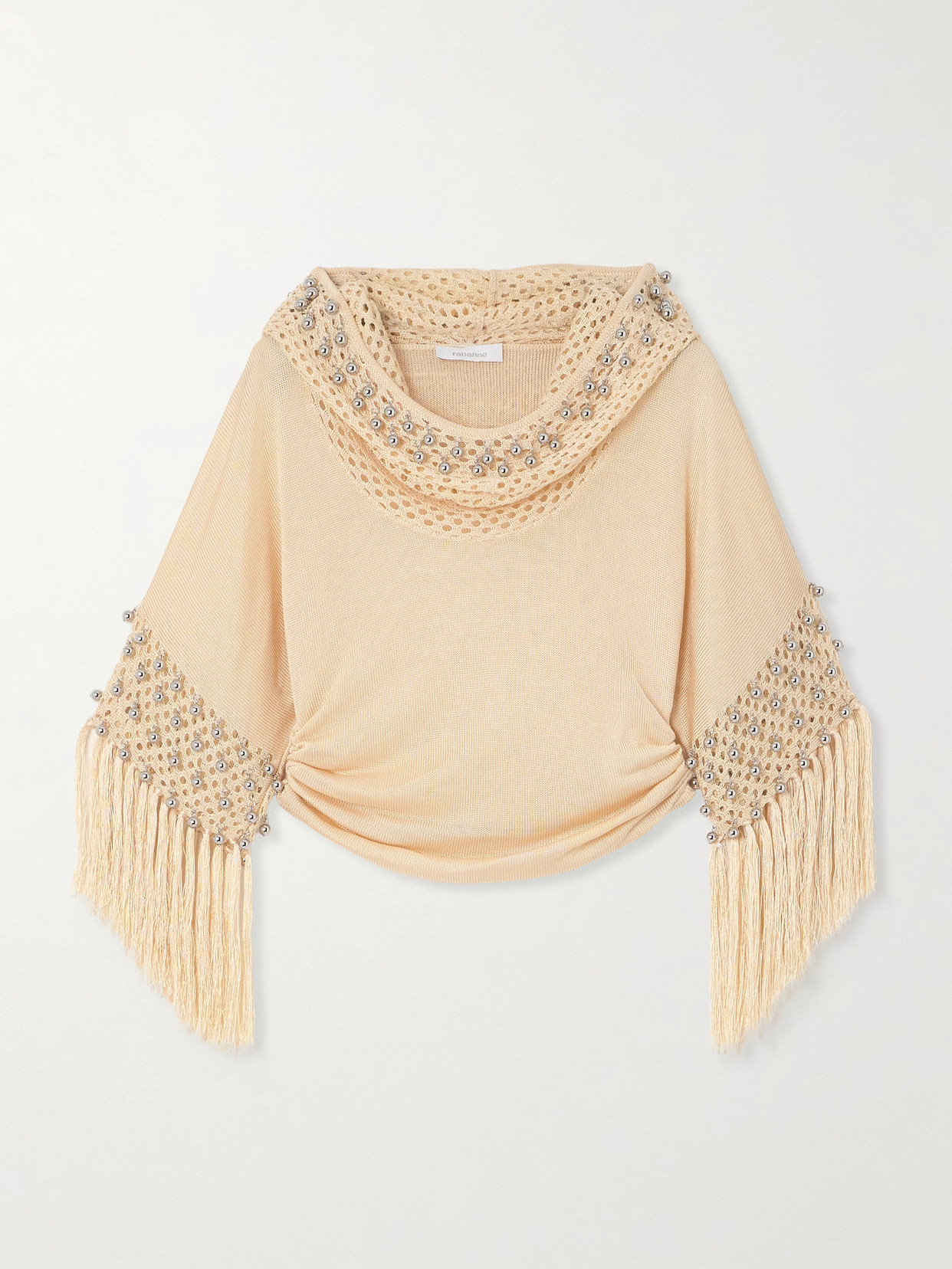 Rabanne - Hooded Fringed Bead-embellished Crochet And Knit Sweater - Neutrals