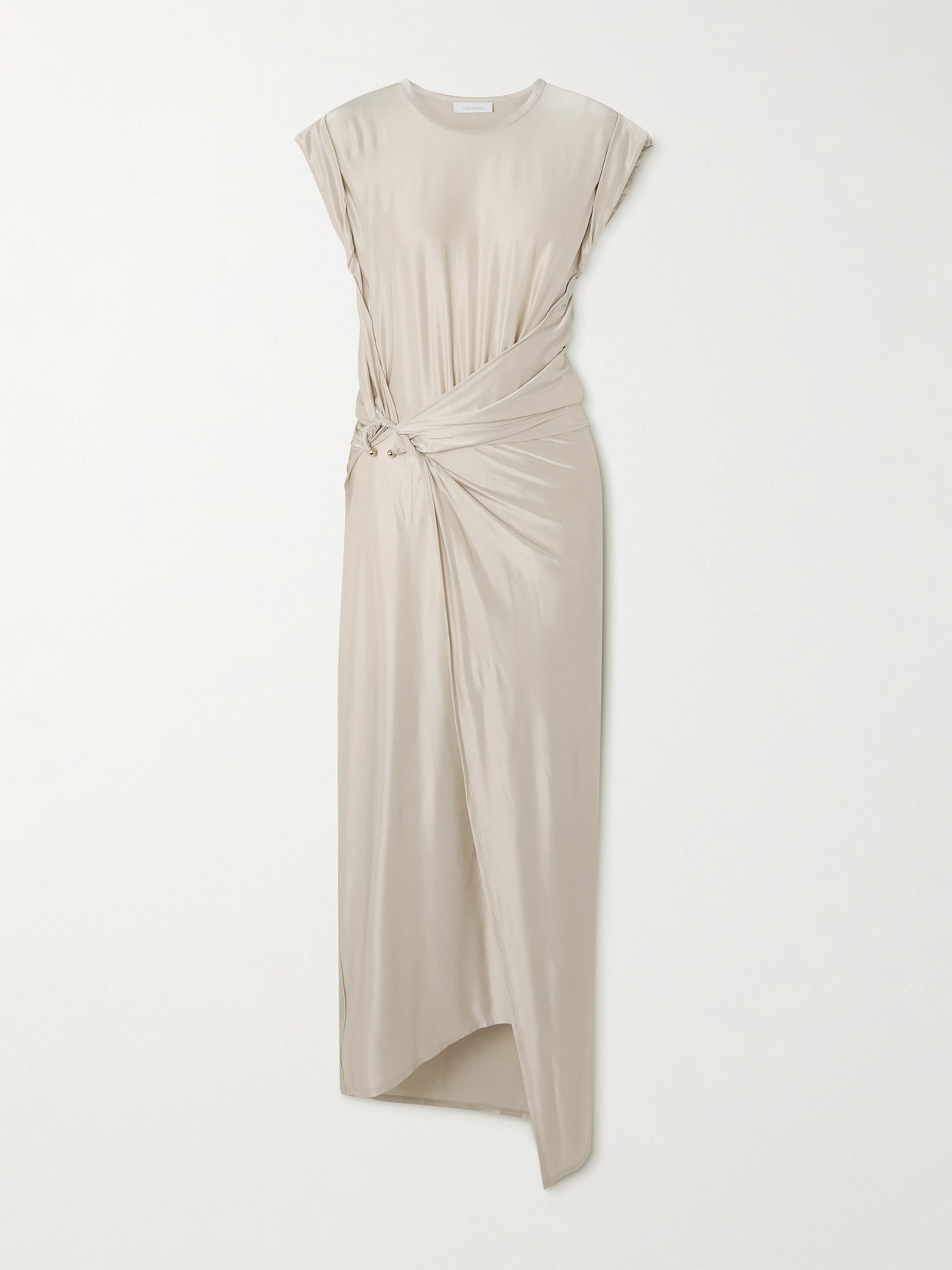 Rabanne Embellished Asymmetric Draped Satin-jersey Midi Dress In Nude