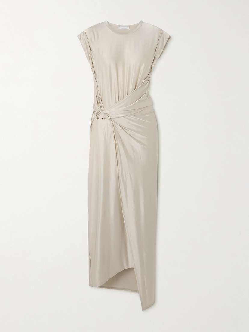 Rabanne Embellished Asymmetric Draped Satin-jersey Midi Dress