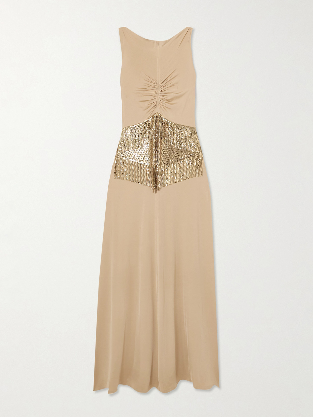 RABANNE EMBELLISHED GATHERED SATIN-JERSEY MAXI DRESS