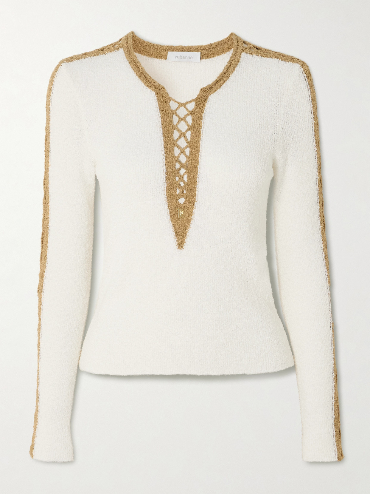 Rabanne Embellished Two-tone Crochet-trimmed Cotton-blend Chenille Sweater In White