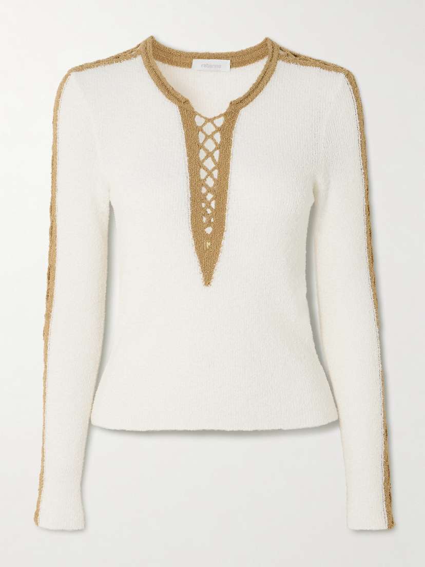 Rabanne Embellished Two-tone Crochet-trimmed Cotton-blend Chenille Sweater
